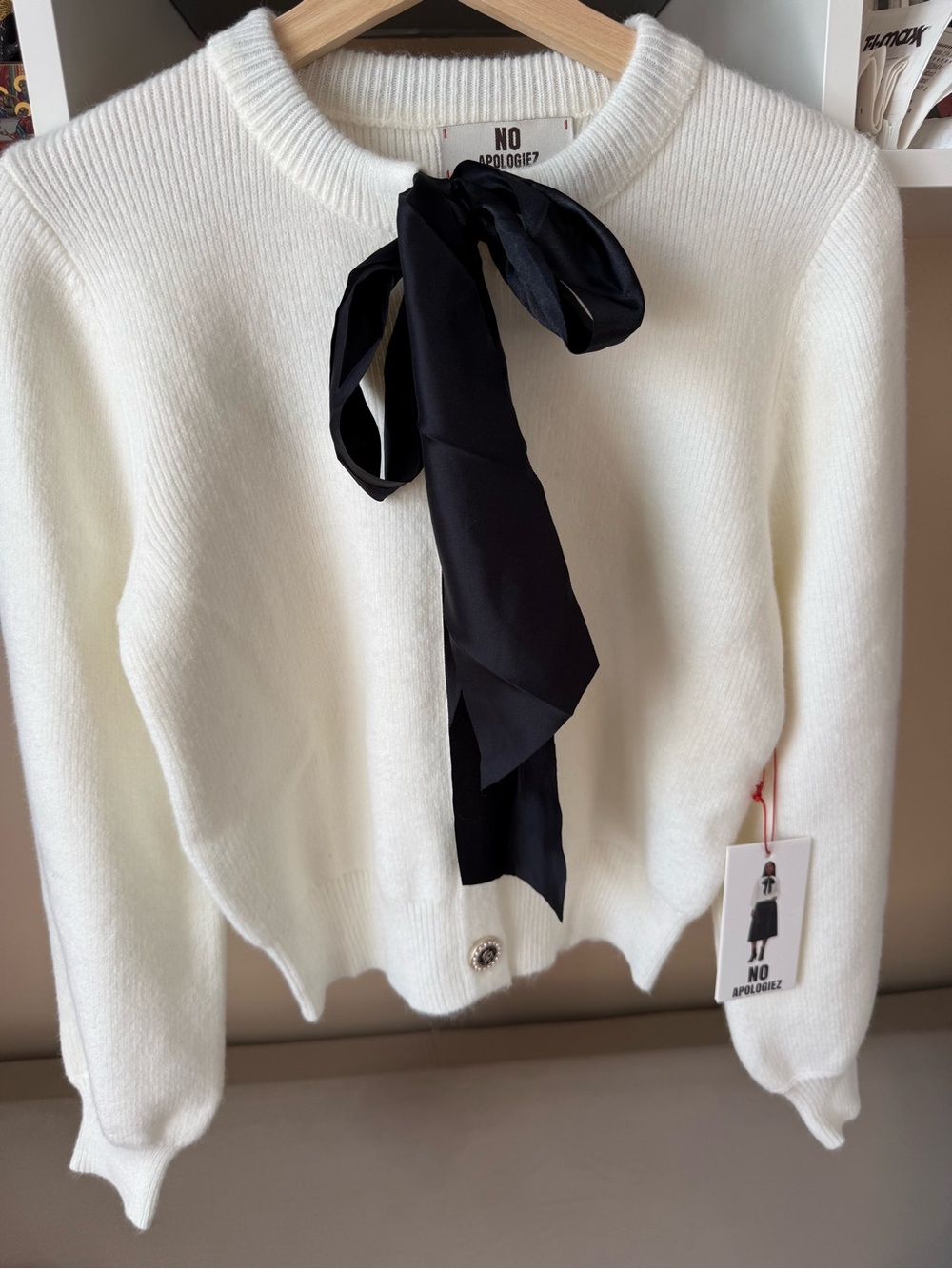 White Bow-Accent Wool Sweater